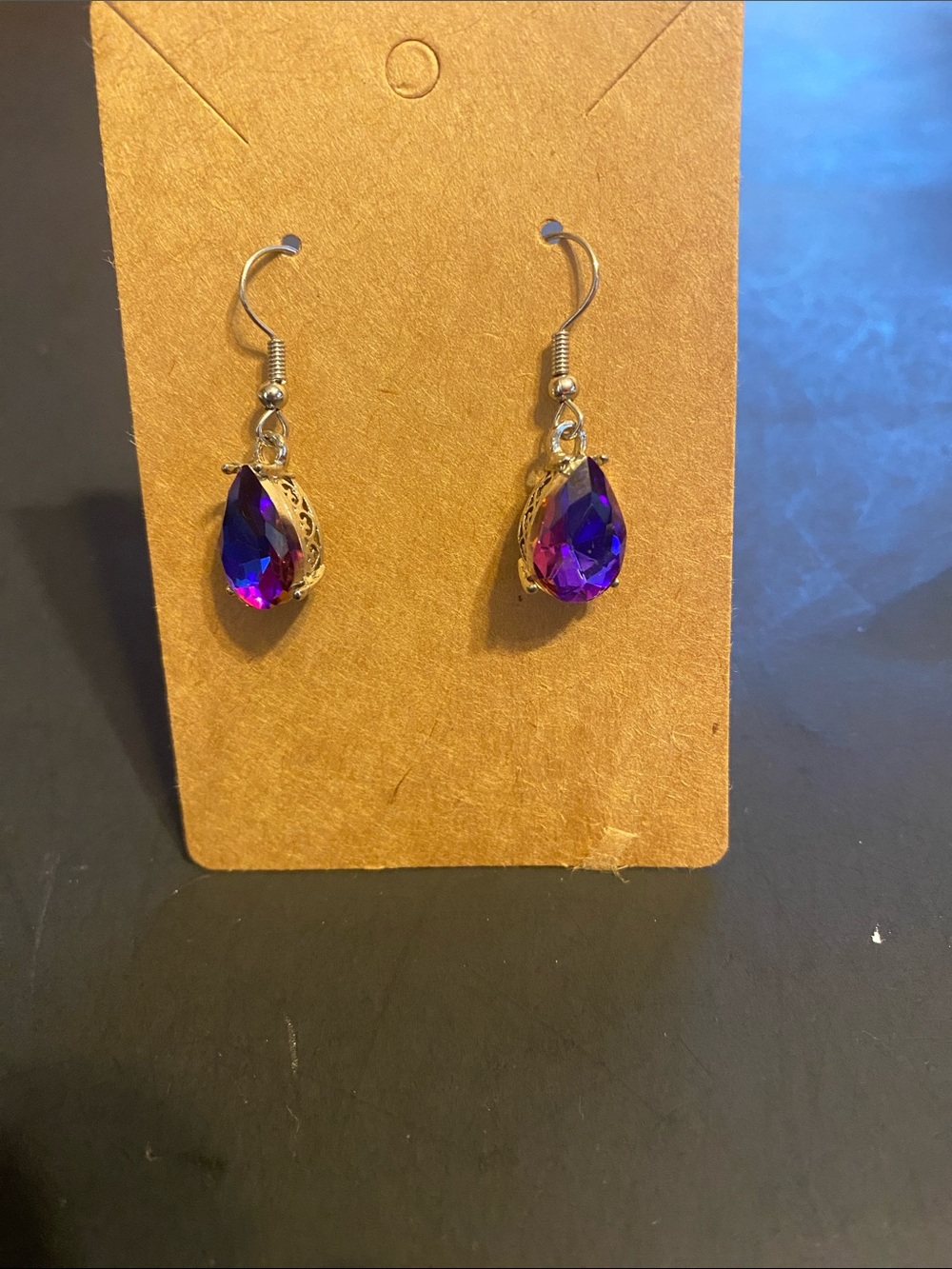 Silver tone Teardrop Purple Crystal Dangle Earrings